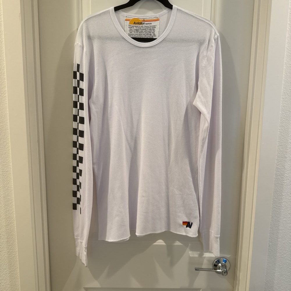 Aviator Nation White and Black Long Sleeve Tee with Checkered Sleeve